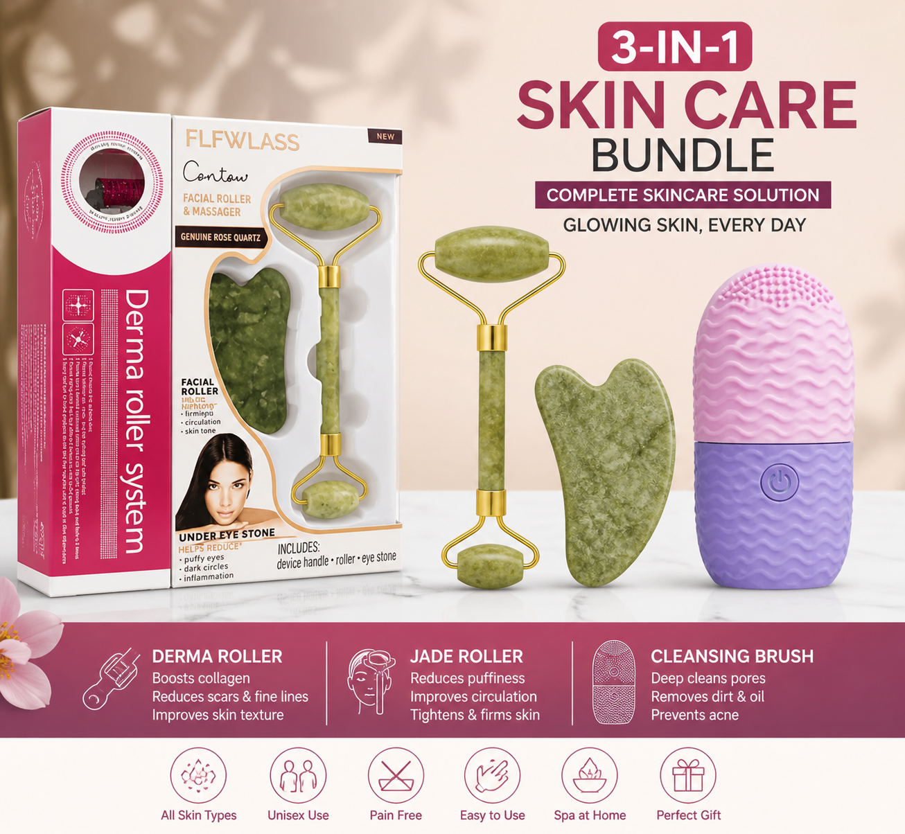 3-in-1 Face Roller Combo Pack – Marble Jade Roller, Ice Roller & Derma Roller | Skin Tightening, Anti-Aging, and Glow Enhancing Facial Massager Set